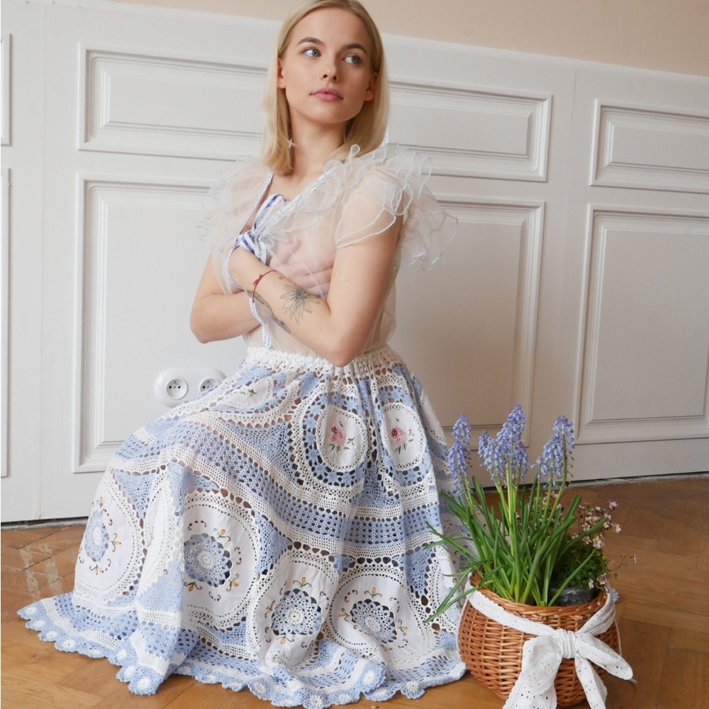 Upcycled, true vintage tablecloth embroidery tablecloth dress, handmade crochet